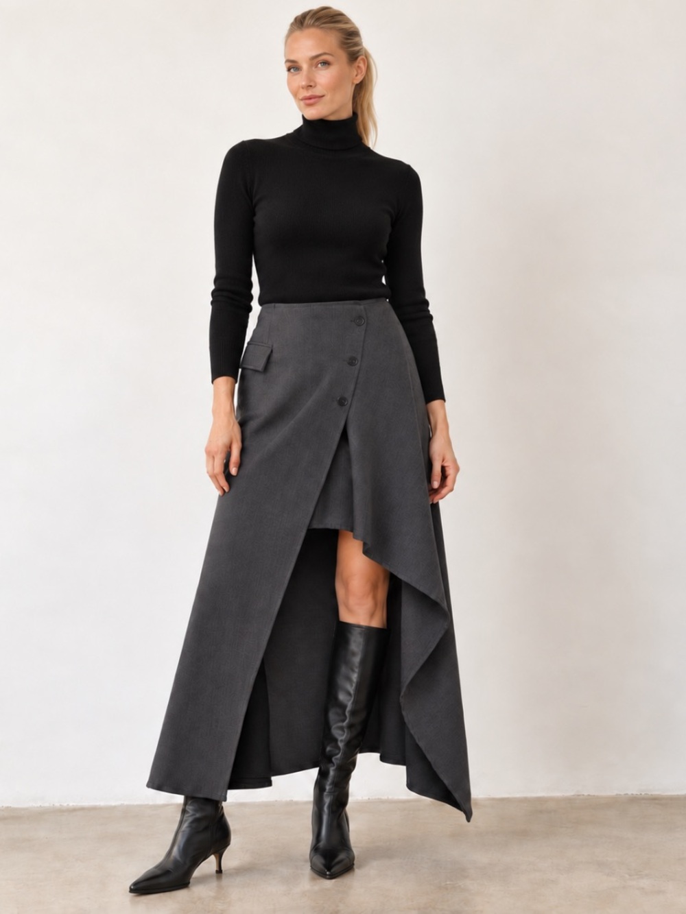 Sarah Pacini Charcoal Asymmetric Maxi Skirt